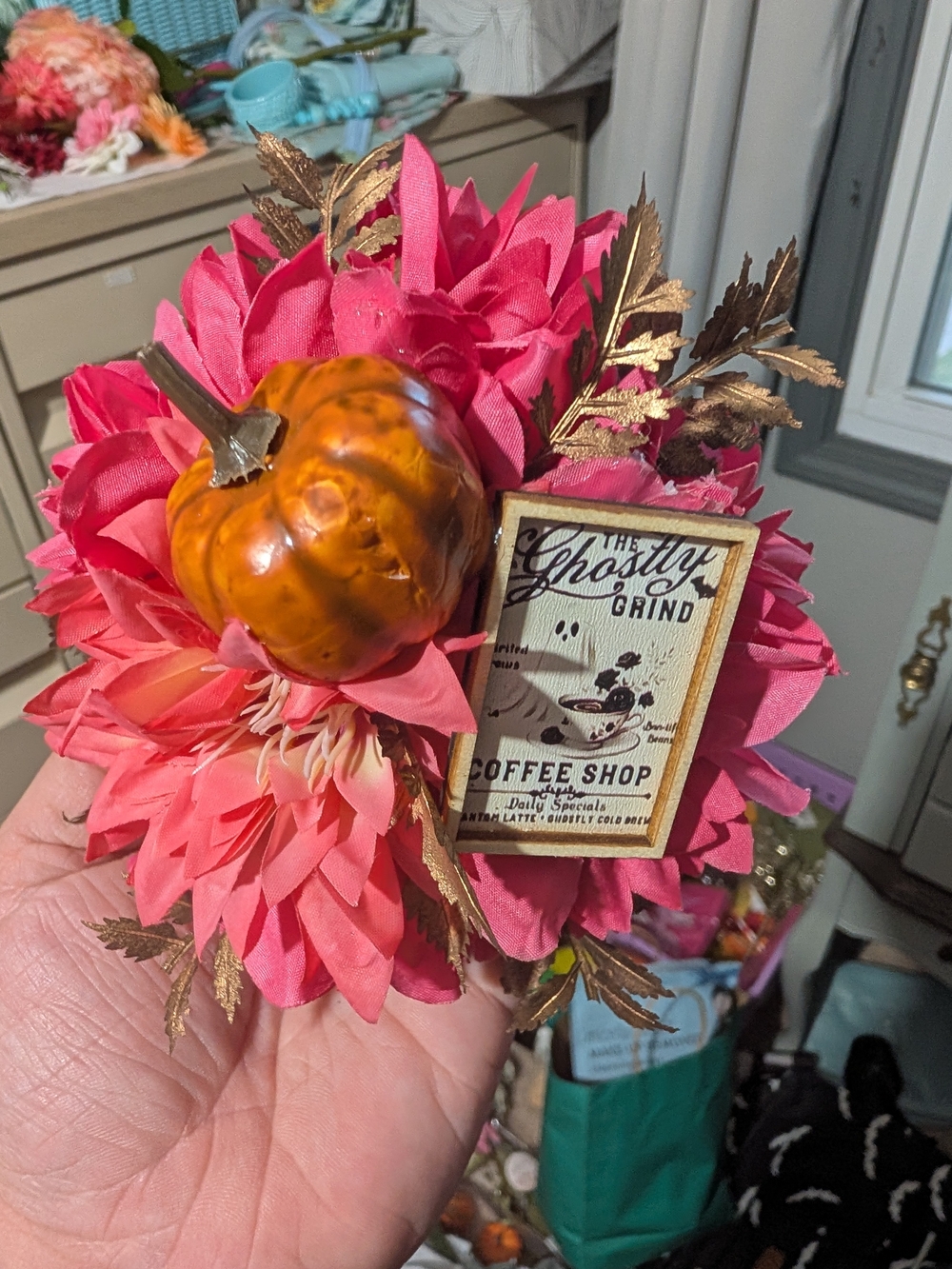Pink Floral Pumpkin Hair Accent with Gold Leaves